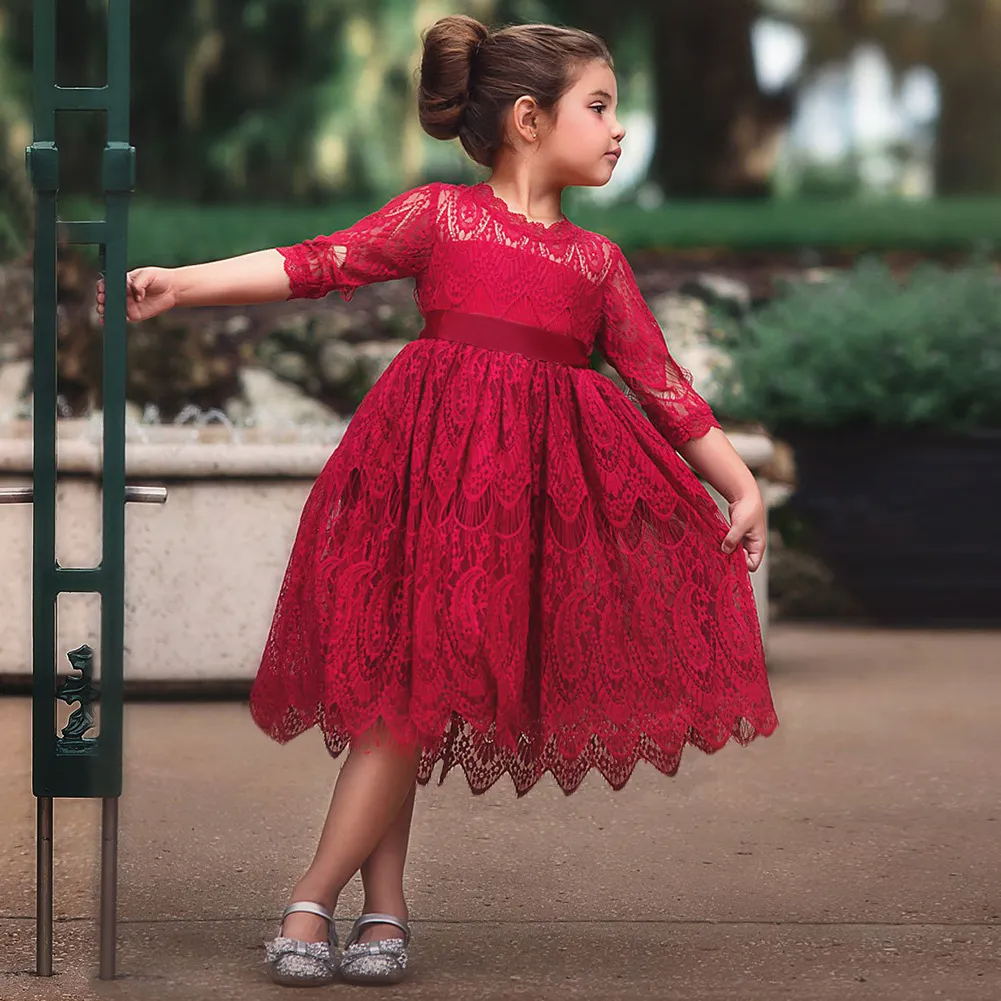 Kids Toddler Big Girls Fashion Party Cute Sweet Solid Color Bow Crochet Hollow Out Lace Pleated Half Sleeve Mesh Party Tutu Dress