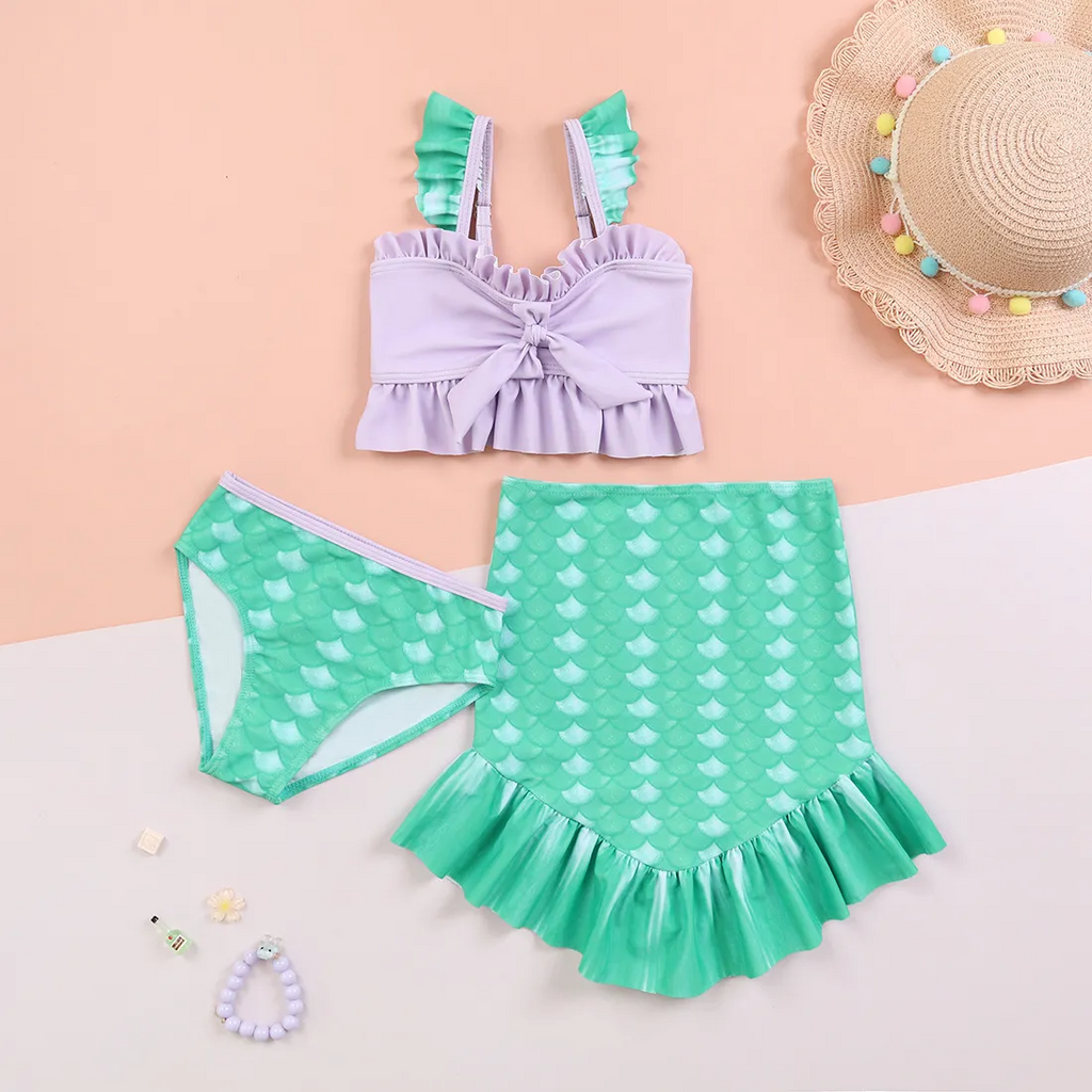 Children Kids Baby Fashion Girls Fish Scale Print Split Swimsuit 3pcs Set