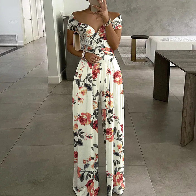 Women Elegant Off-Shoulder Floral Print Casual High Waist Wed Leg Jumpsuits