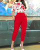 Women Fashion Elegant Flare Short Sleeve Blouse And Pants Solid Color Office Chic Set