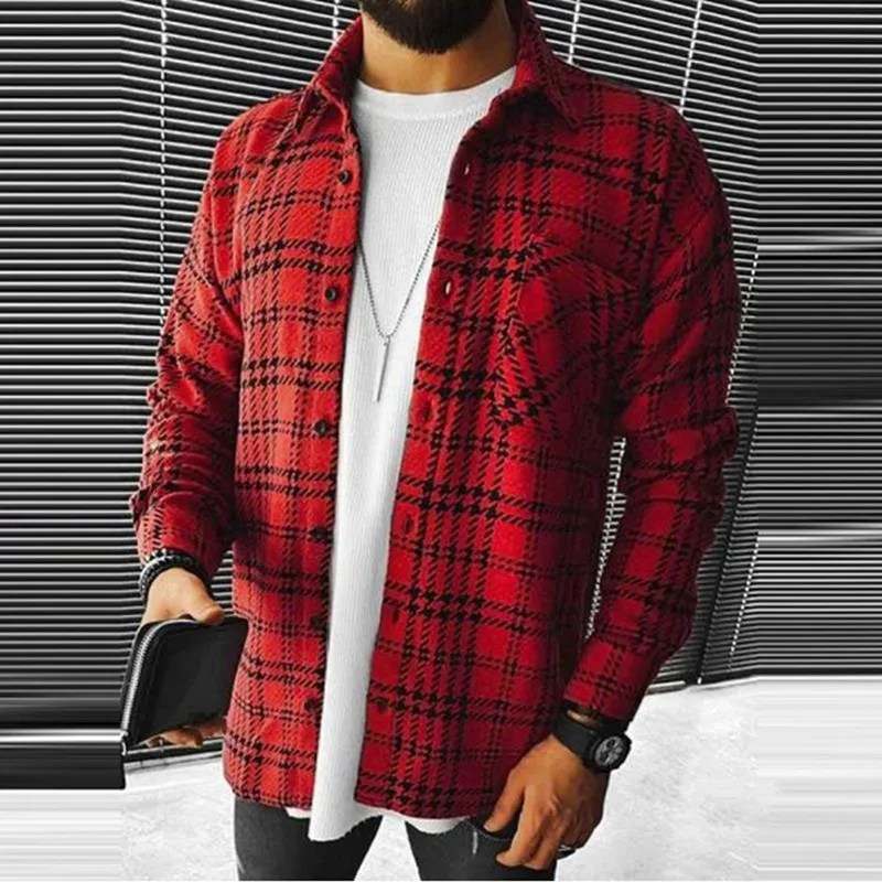 Men Plus Size Casual Long Sleeve Lapel Plaid Printed Color Blocking Single-Breasted Woolen Shirt