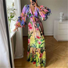 Ramadan /Eid Women Sweet Plus Size Party Boho Dating V Neck Gradient Color Floral Printed Ruffle Maxi Dress