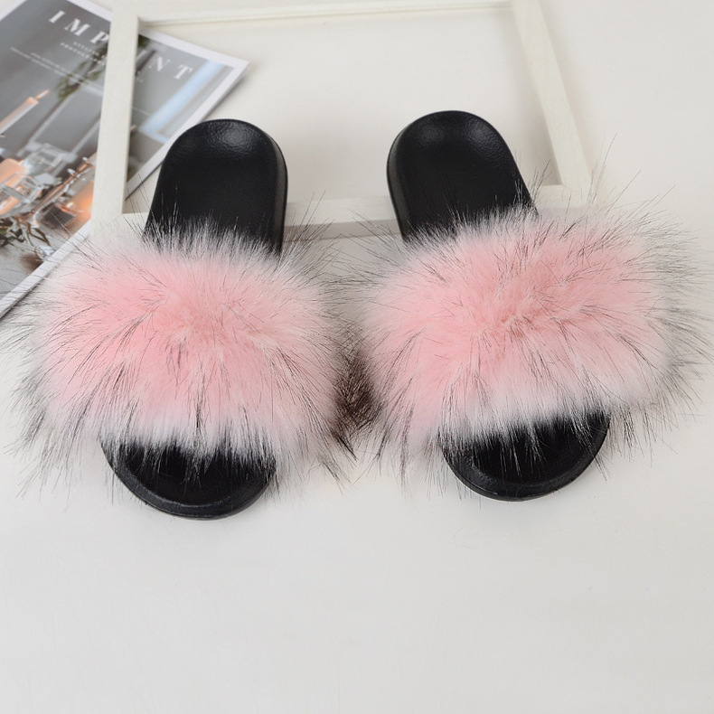 ( 2 pair ) Wholesale Women Winter Fashion Plus Size Faux Fox Fur Plush Flat Slippers