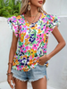 Fashion Women Summer Vacation Floral Print Double Layer Ruffled Short-Sleeved Blouse