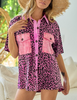 2 Pieces Summer Casual Women Fashion Leopard Print Short Sleeve Pocket Shirt Blouse