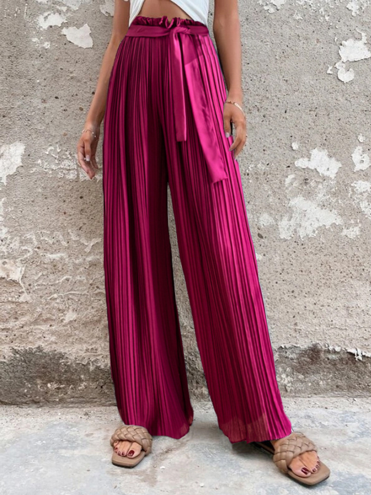 Women Casual Solid Color Pleated High Waist Straight Leg Pants