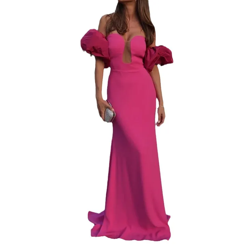 Women Fashion Elegant Solid Color One-Shoulder Puff Sleeve Maxi Evening Dress