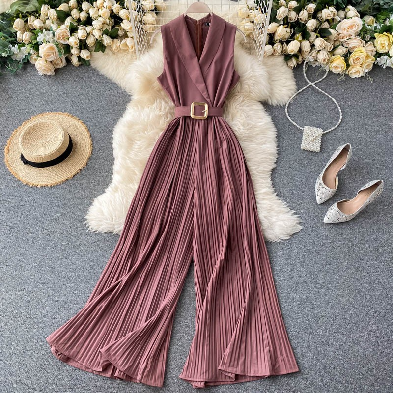 Women Retro Solid Lar Wide Leg Jumpsuits