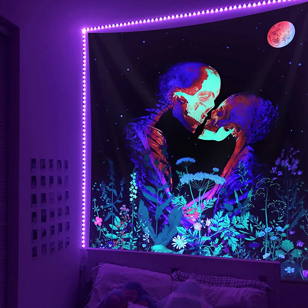 Fluorescent Tapestry Home Room Uv Luminous Skeleton Figure Printing Decoration Tapestry