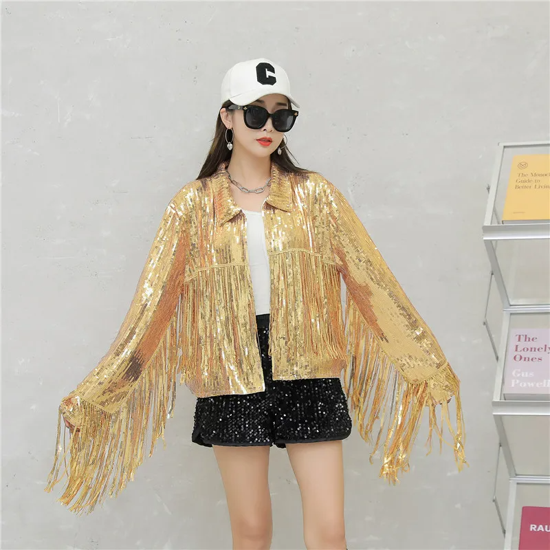 Women Tassel Sequin Jacket Winter New Year Christmas Party Sequin Coat