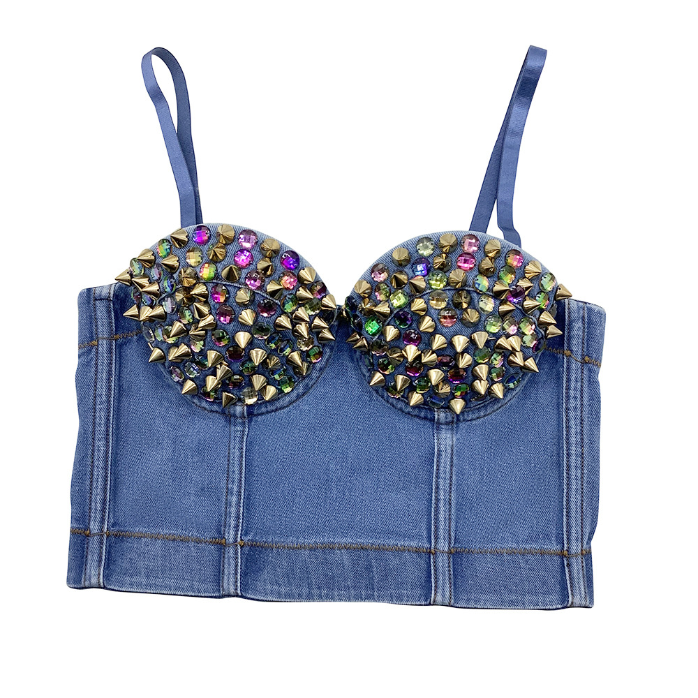 Women Fashion Rhinestone Studs Denim Camisole Corset