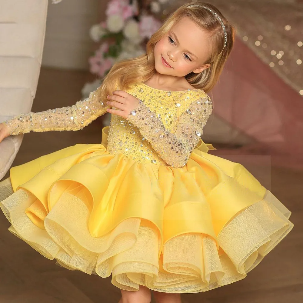 Toddler Girls Fashion Party Cute Sweet Mesh Sequins Long Sleeve Tutu Princess Dress