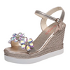 Women Fashion Simple Rhinestone Flower Wedge Heel Thick-Soled Sandals