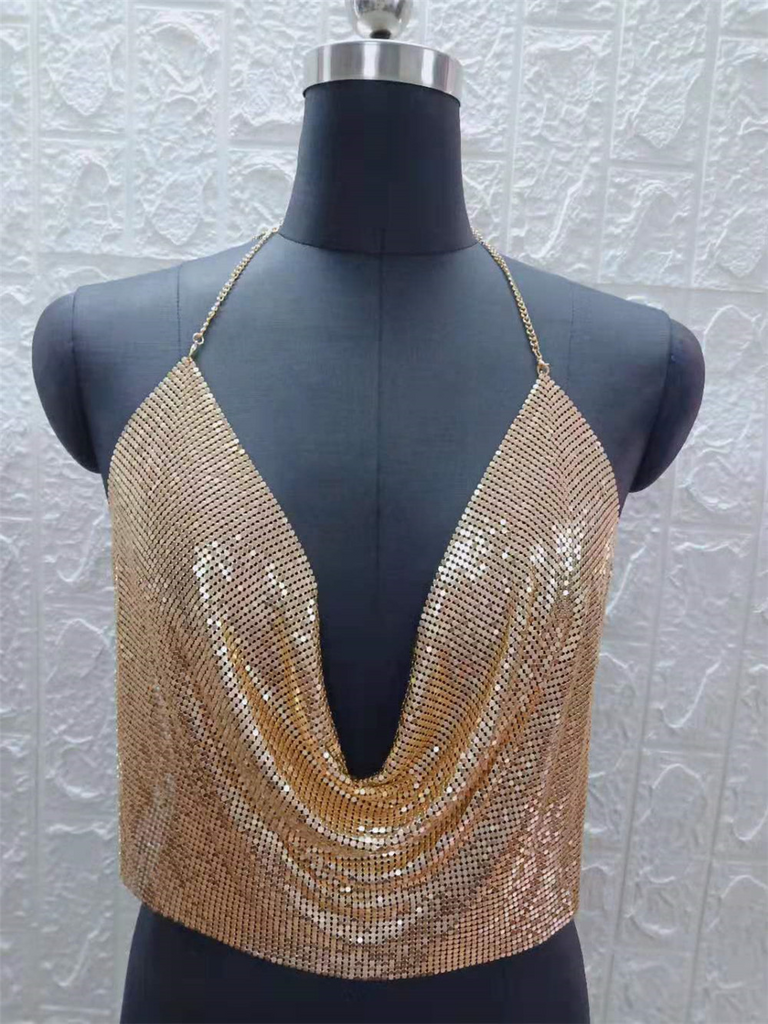 Women'S Sexy Backless Metallic Sequins Tethered Camisole Top