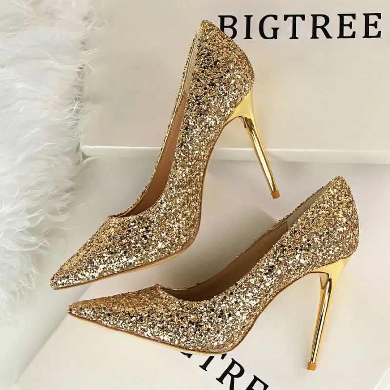 Women Sexy Shining Sequins Decor Pointed-Toe Stiletto Shoes Pumps