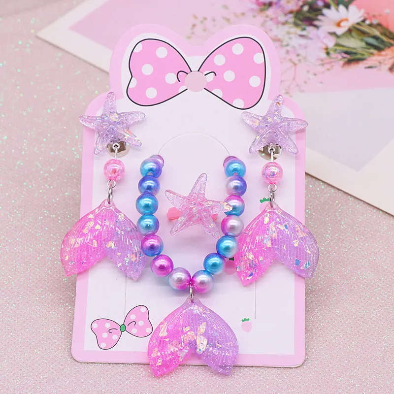 (Buy 1 Get 2) Children Kids Baby Fashion Girls Cartoon Fishtail Bead Necklace Bracelet Earrings Set