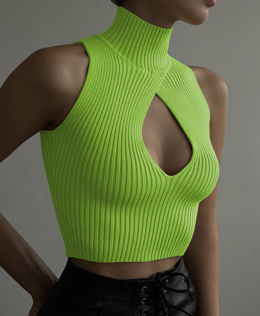 Fashion Women Solid Color Sleeveless Hollow Slim Fit Cropped Knitwear Top