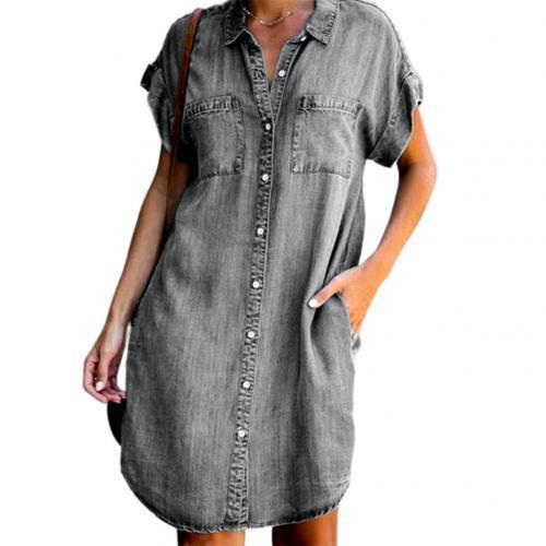 Women'S Fashion Short Sleeve Slim Lapel Single-Breasted Denim Dress