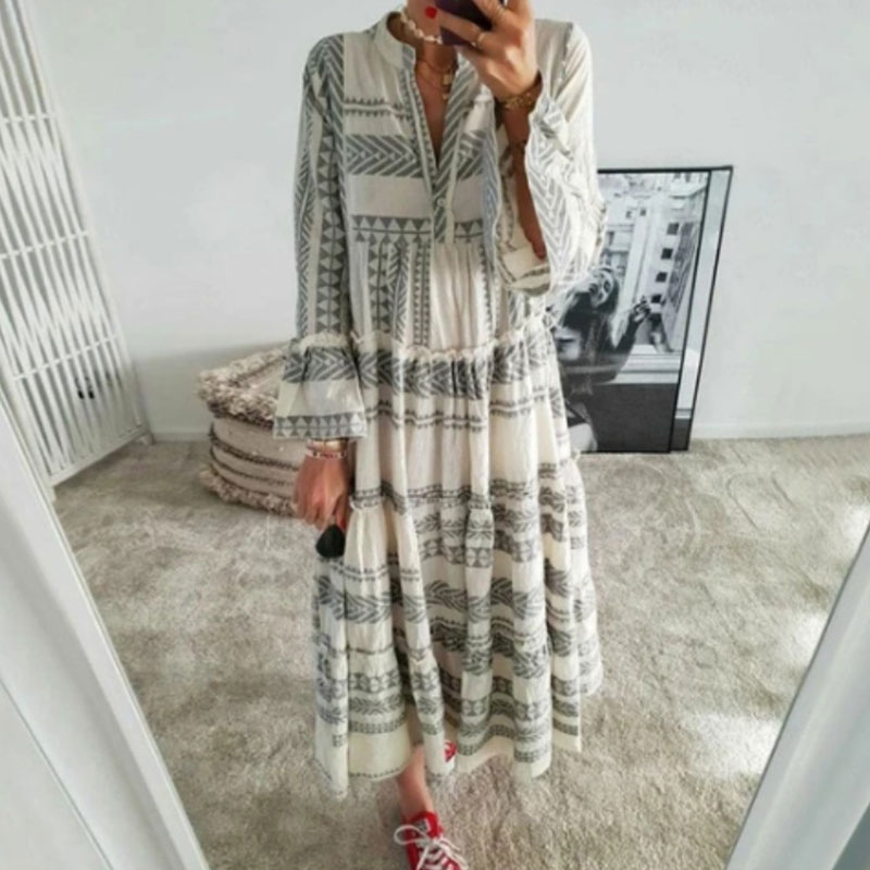 Women Ethnic Printed V-Neck Flared Sleeve Loose Dress