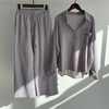 Women Casual Solid Color Linen Cotton Long Sleeve Blouse And Wide Leg Pants Set