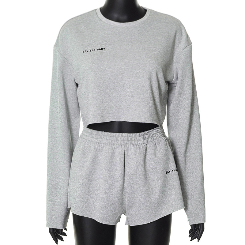 Women Fashion Athleisure Solid Color Long-Sleeved Pullover Top Casual Shorts Casual Sports Set