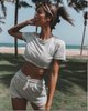 Women'S Round Neck Short Sleeve Cropped Top Solid Color Stitching Casual Shorts Set