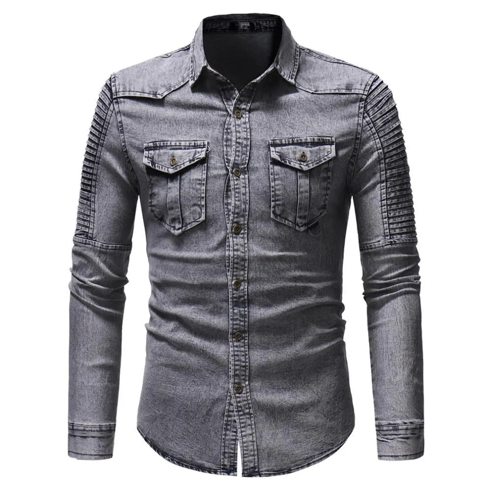 Men Fashion Pleated Stitching Sleeves Denim Shirt