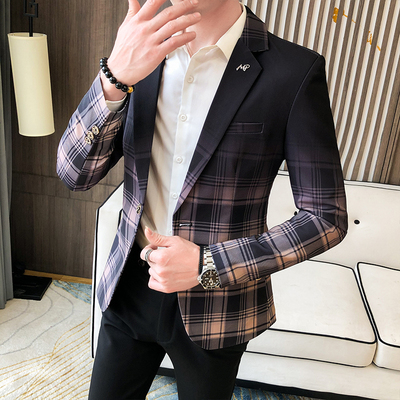 New Style Fashion Men Slim Fit Leisure Plaid Pattern One Button Blazers