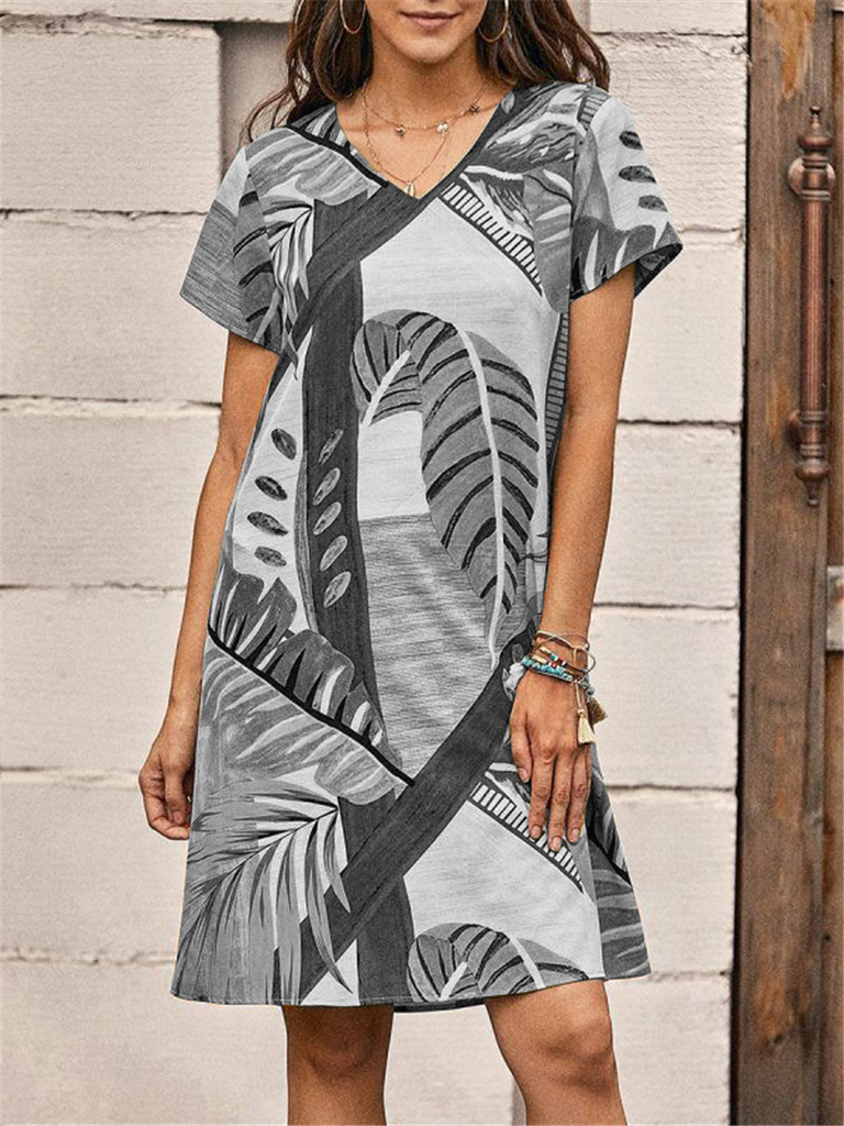 Women'S Fashion Summer Vacation Casual Leaf Printing V-Neck Short Sleeve Dress