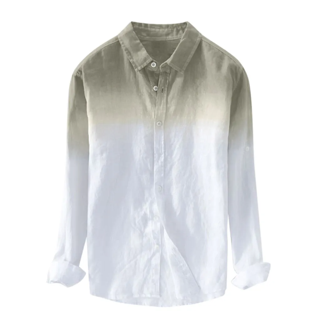 Summer Men Breathable Lapel Collar Hanging Dyed Gradient Color Cotton Long Sleeve Shirt