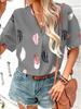 Summer Casual Women'S Lapel Feather Print Short Sleeve Shirt Office Chic Blouse