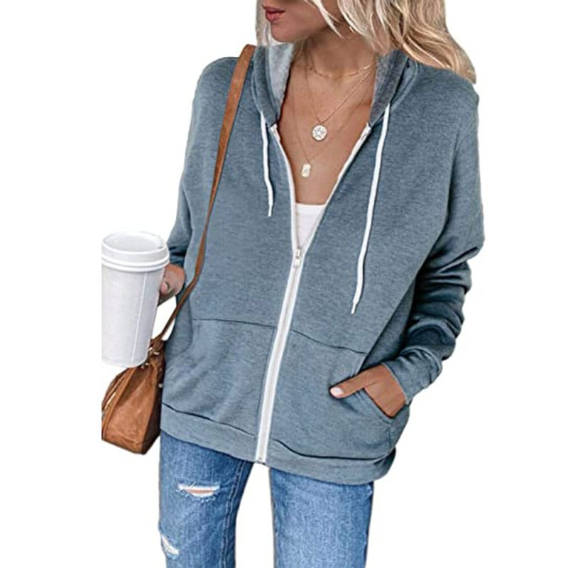 Women Casual Solid Color Zipper Hoodie