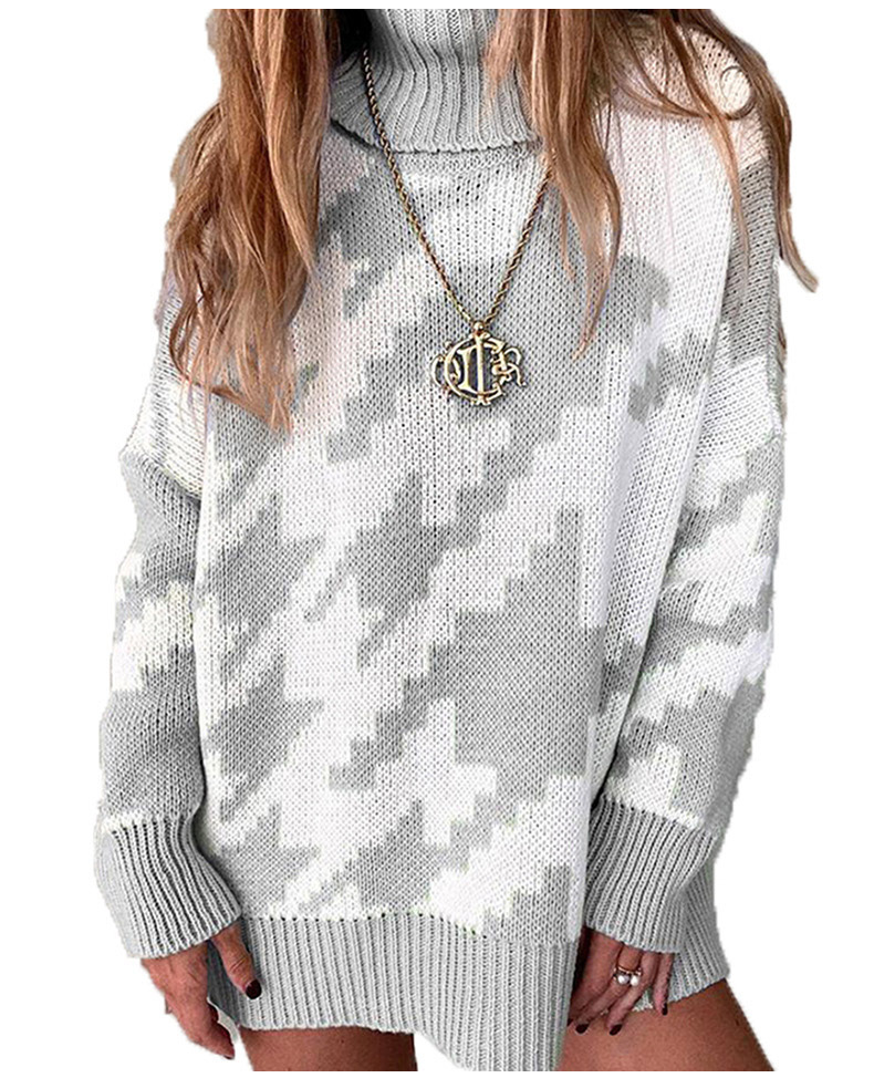 Women Fashion Autumn And Winter Splicing Contrast Color Lapel Mid-Length Knitted Sweater