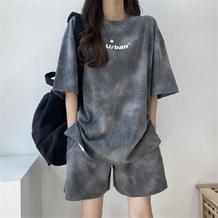 Women Casual Fashion Athleisure Summer Tie Dye Short Sleeve Letter T-Shirt And Loose Shorts Sports Streetwear Set