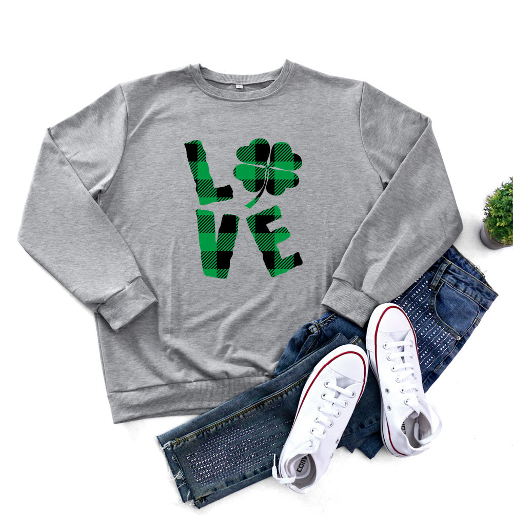 St.Patrick'S Day Fashion Women'S Long-Sleeved LOVE Four-Leaf Clover Print Round Neck Sweater