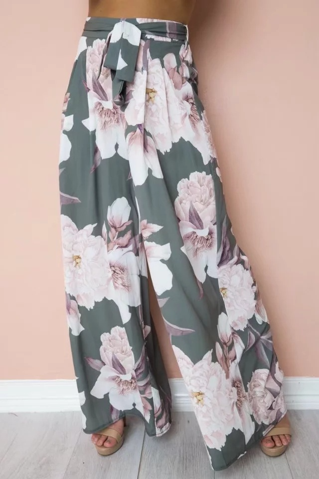 Women Simple Floral Printed High Waist Loose Casual Wide Leg Pants