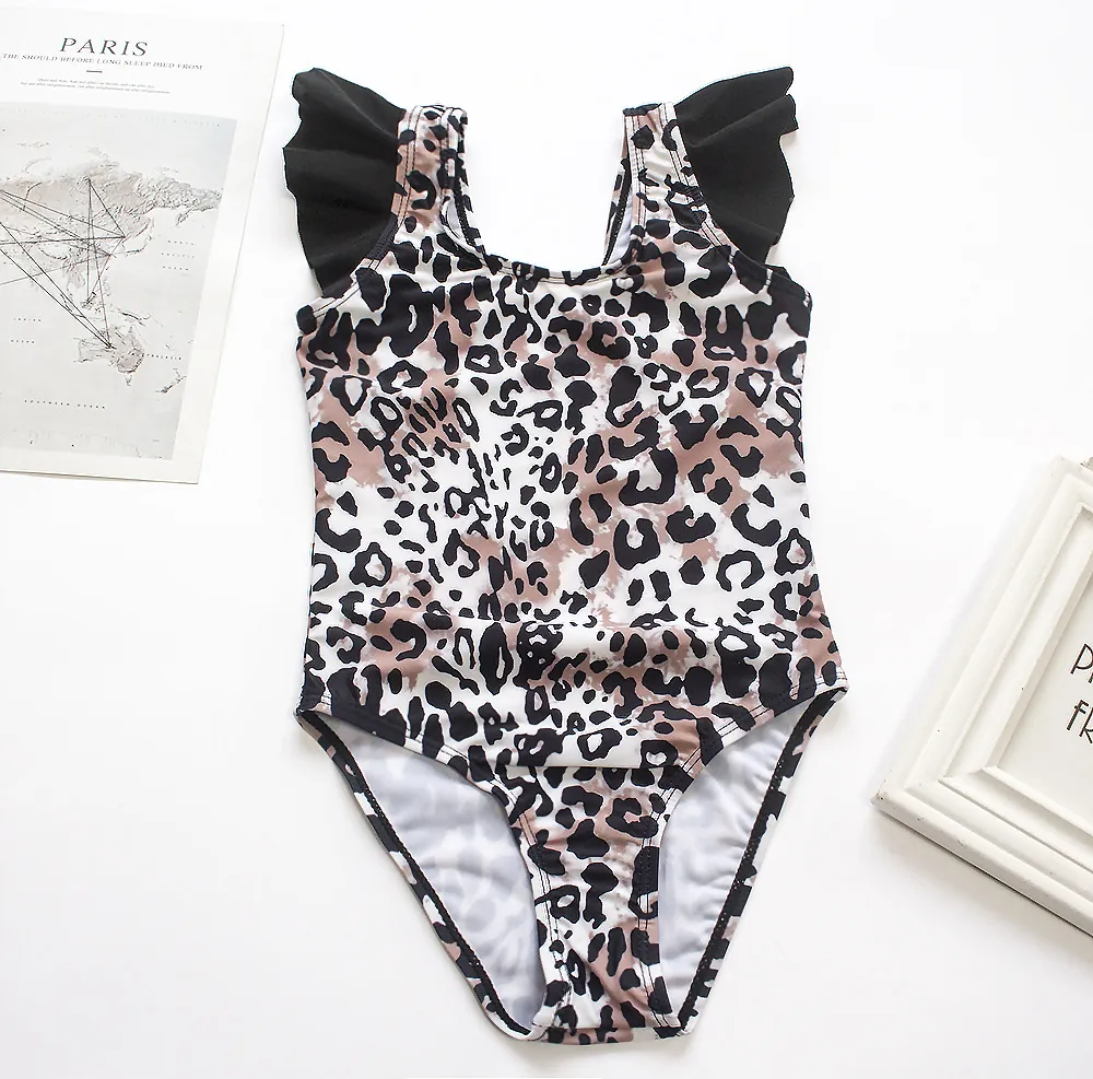 Children Kids Baby Fashion Girls Ruffle Leopard Print Sleeve One Piece Swimsuit