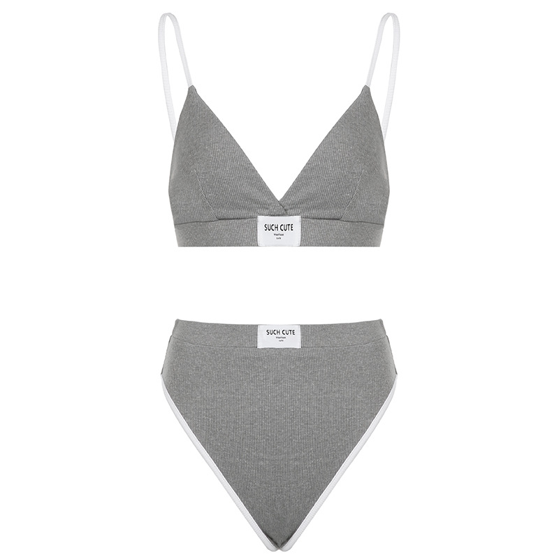 Women'S Casual Letter Printing Embroidered Solid Color Bra Underpants Two-Piece Set