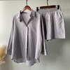 Women Fashion Casual Summer Solid Color Long Sleeve Shirt Blouse And Loose Shorts Set