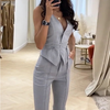 Summer Women'S Casual Solid Color Office-Chic Defined Waist V-Neck Vest And Slim Fit Pants Two-Piece Sets