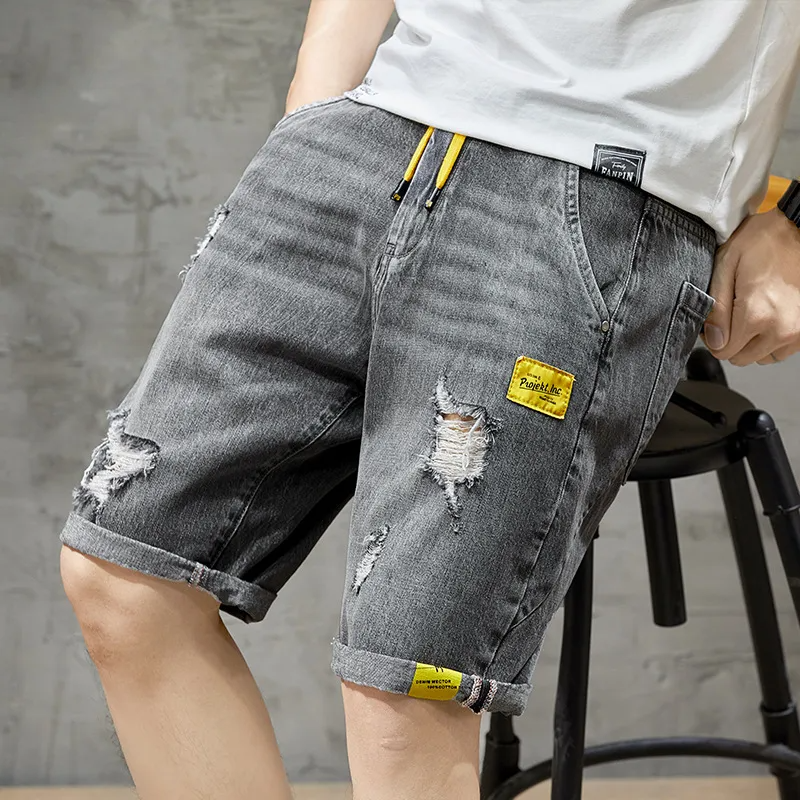 Summer New Beach Casual Men Shorts Straight Ripped Knee Length Denim Shorts Drawstring Loose Hole Male Short Jeans