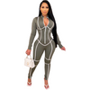 Women'S Fashion Solid Color Zipper Slim Fit Long-Sleeved Sports Striped Jumpsuits