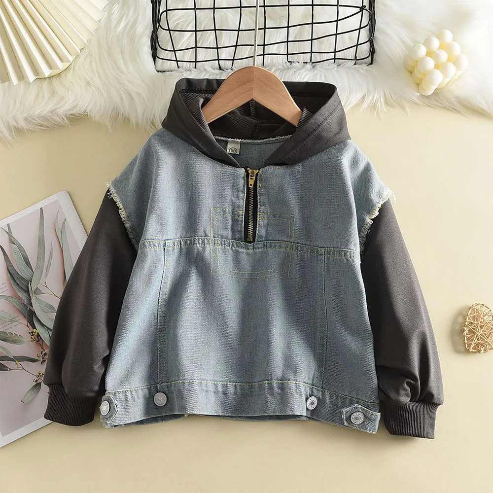 Children Kids Baby Fashion Girls Boys Long Sleeve Denim Splicing Hoodies