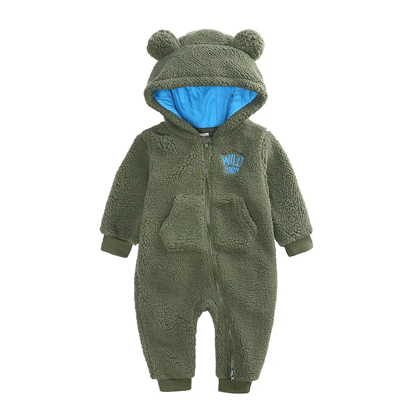 Kids Baby Boys Girls Autumn Winter Casual Cute Solid Color Polar Fleece Long Sleeve Hooded Bodysuit