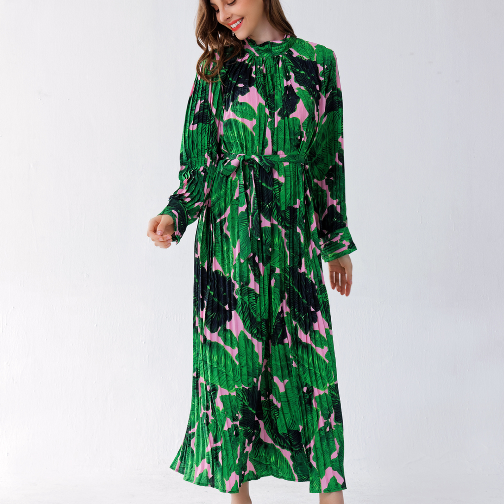 Women Elegant Vacation Loose Stand Collar Pleated Long Sleeves Printed Chiffon Dress