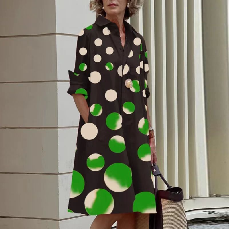 Women'S Fashion Casual Geometric Printing Lapel Single-Breasted Long Sleeve Dress