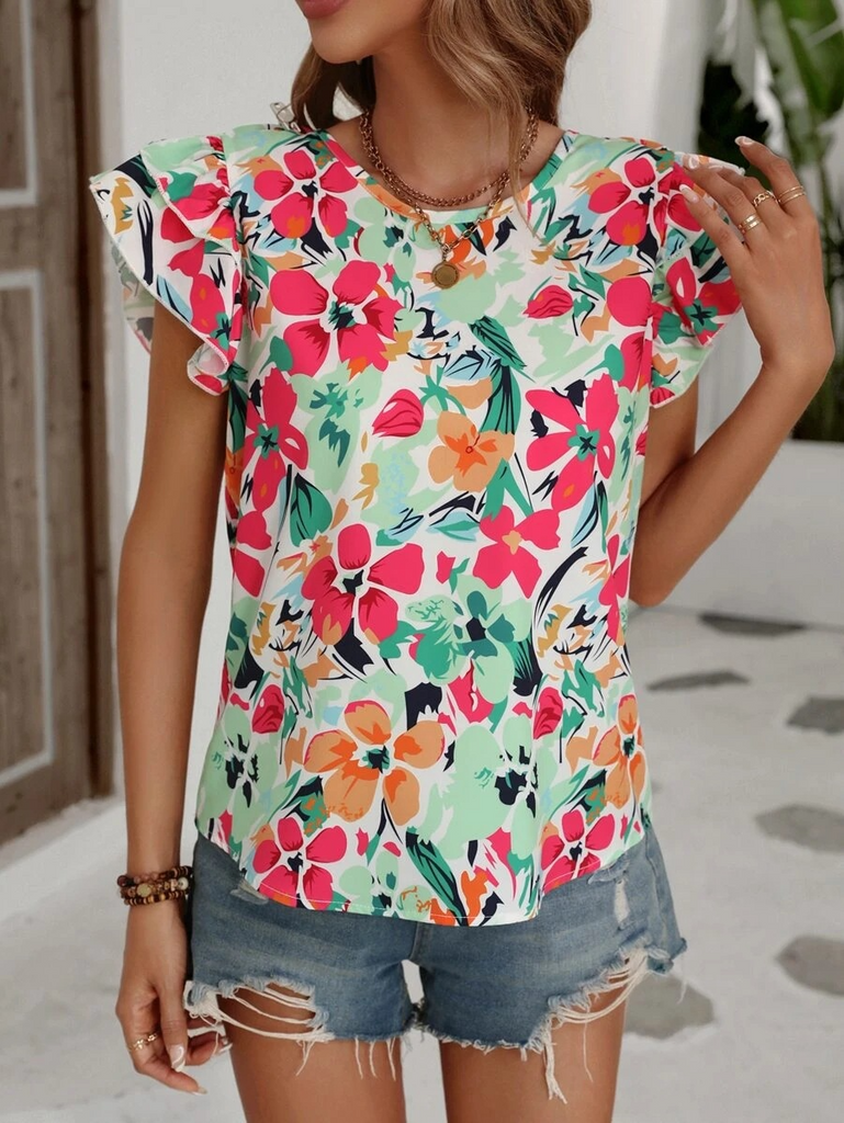 Fashion Women Summer Vacation Floral Print Double Layer Ruffled Short-Sleeved Blouse