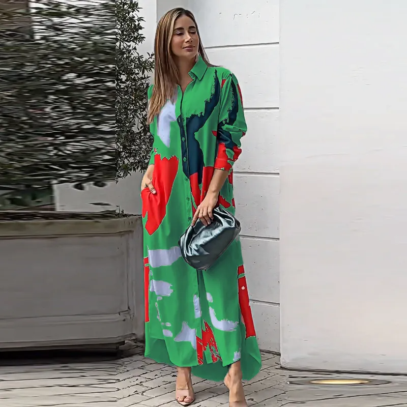 Ramadan /Eid Women Casual Print Loose Shirt Maxi Dress