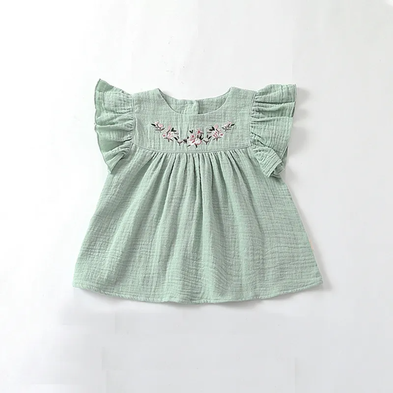 Kids Baby Girls Fashion Casual Cute Solid Color Embroidery Floral Round Neck Shorts Dress