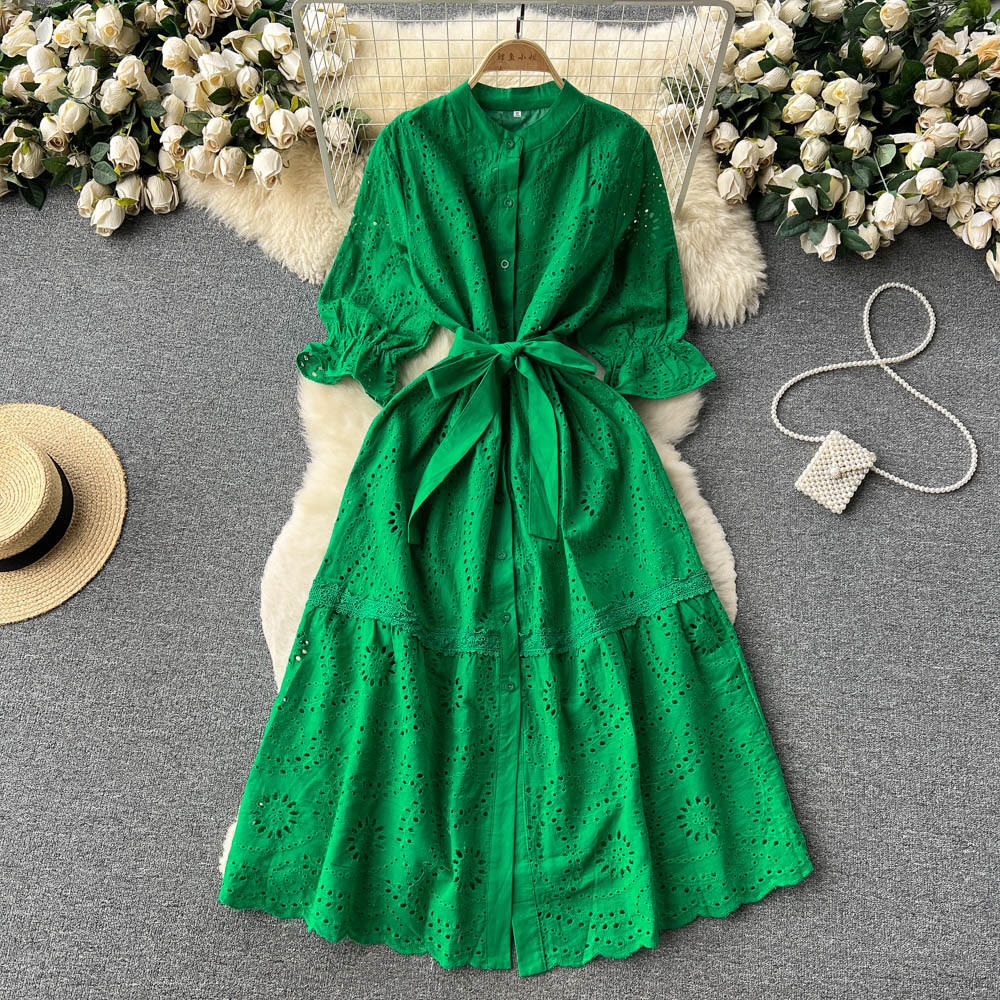 Women Elegant Boho Vacation Solid Color Embroidered Hollow Slim Cropped Sleeve Lace-Up Mid-Length Dress